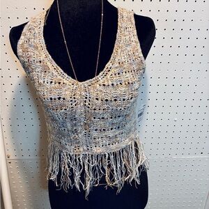 Boho Fringe Knit Crop Tank Top - Neutral Multi